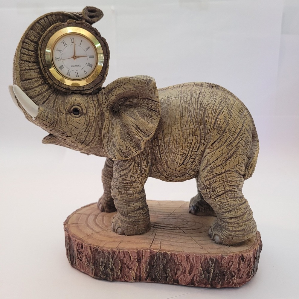 W.F. Elephant Figurine Desk Clock Adult Quartz Wildlife Resin Decor
